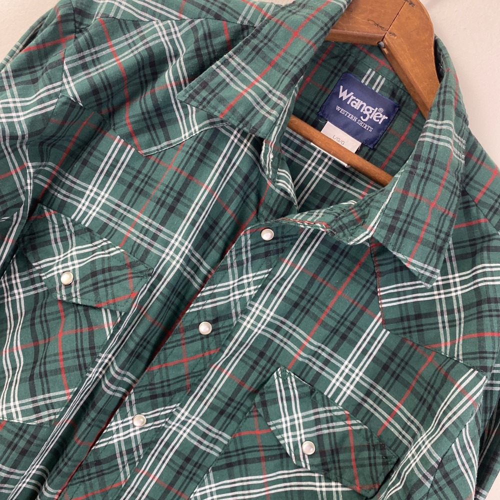 Wrangler Wester Men's L Green Red Plaid Long Sleeve Button Down Shirt Snap